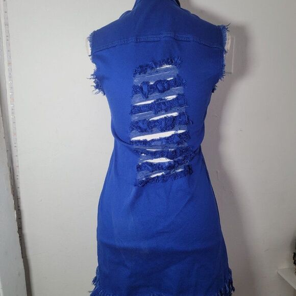 Aroma Womens Dark Blue Distressed Collared Button Front Jean Denim Dress Small - Picture 2 of 10